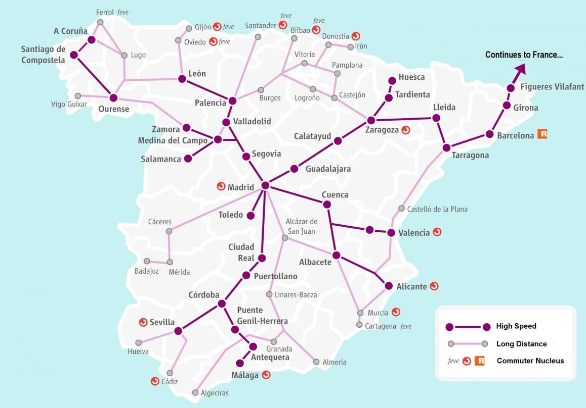 A map of Spain's train system showing highspeed (AVE) routes, Long Distance train routes, and commuter hubs.